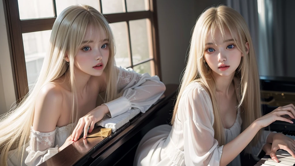 playing piano.silky shiny skin、22 year old cute sexy little beautiful face、Hair glows in front of a cute face、long silky bangs covering the eyes、pale light blue eyes、Young woman super long blonde shiny golden bright straight hair、with round face、Small face beauty、big eye、bright expression、The dress、Even big in clothes