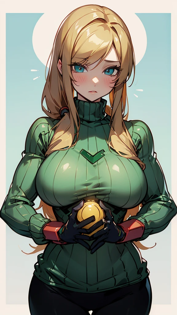 Samus Aran, wearing a cozy sweater, massive breasts, loving mommy 