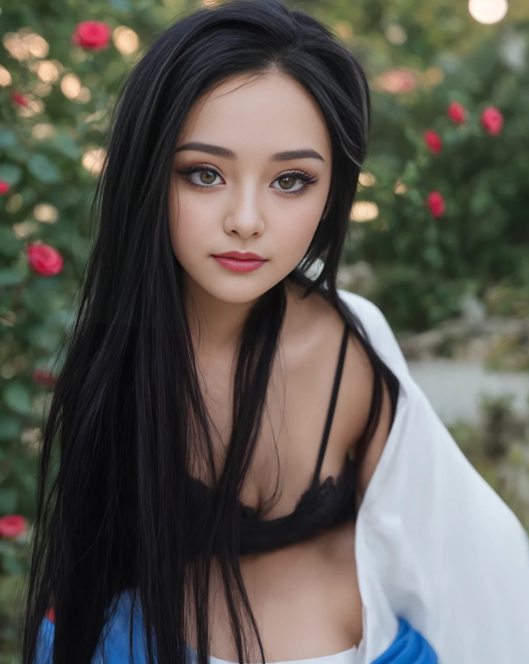 ((best quality, 8k, Masterpiece: 1.3)), 1 girl, Beautiful figure, slim stomach.: 1.3, (long black hairstyle,messy hair, big breasts: 1.4), Kawaii style , Blue off shoulder dress,bright eyes, Little smile, There is a see-through cloak., Off-the-shoulder shirt, Show off your abdominal muscles , Very smooth face, Sexy posted, delicate eyes, Double eyelids,on the rose Garden,Raise your hair,sleepy eyes,moon Gothic suit ,bokeh