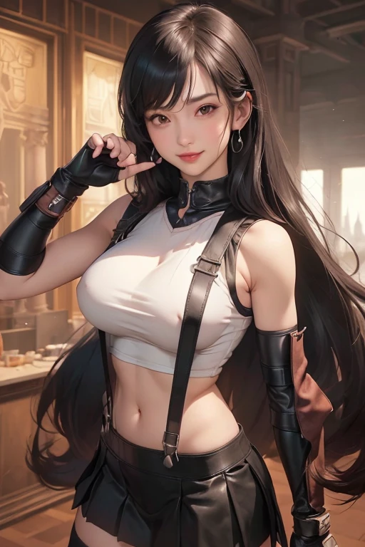 (((Full and soft breasts,)))(((Huge breasts))) (((Cleavage)))masterpiece, best quality, 7rtifa, Top of crop, Arm Guard, Fingerless gloves, Suspenders, Pleated Mini Skirt, Black over-the-knee stockings, Upper Body, permanent, (Leaning Tower of Pisa) In the background, Looking at the audience, Smile