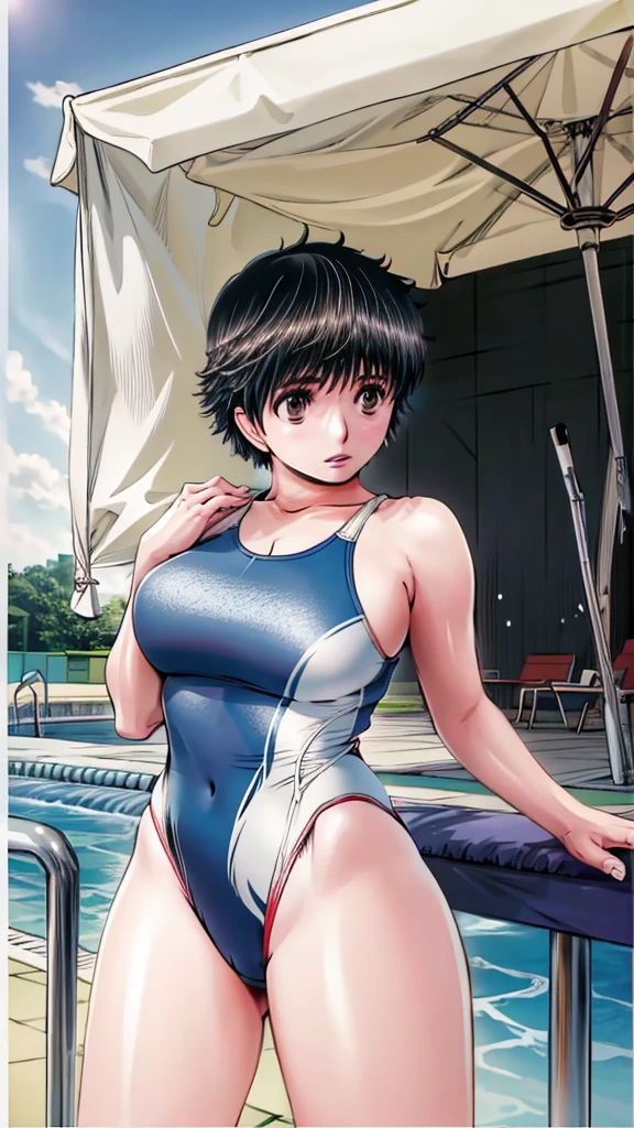 A boyish, short-haired, busty, beautiful-legged woman is standing by the pool in a competitive swimsuit with her legs spread to the side.。