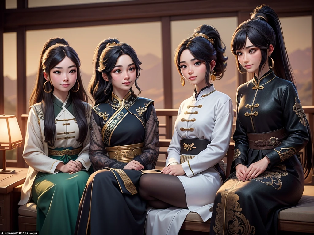Three girls sitting around a square table,Different hair styles, Pretty Face, Black long hair,Ponytail,Green eyes, wearing a cowboy suit, Gold hoop earrings, Looking at you with loving eyes and a sweet smile. An ancient Chinese palace can be seen in the background,Surrounded by majestic scenery and the Great Wall of China. The final image must be a masterpiece, Features high-quality graphics and intricate details,Bringing the audience into a world of wonder and magic, Lumière Photographic, Backlight, Micro details, explain, Photographic, 85mm 1.4