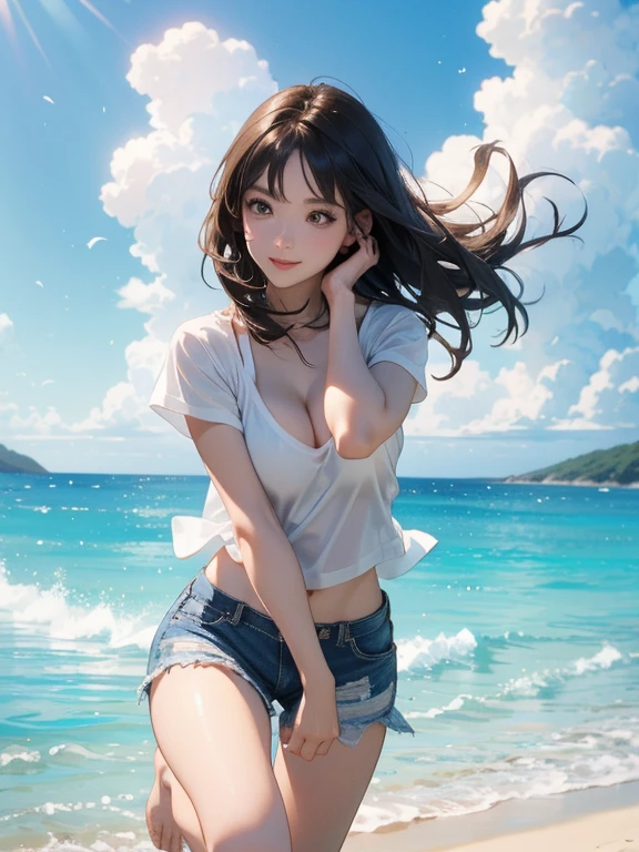(Highest quality、masterpiece、High resolution、8K)、Vibrant colors、Young and beautiful woman 1、whole body、Brown and black short bob、barefoot、(Detailed face、Beautiful Eyes、Beautiful nose、Pretty lips)、Beautiful cleavage、A woman wearing a white T-shirt and shorts、Running on the beach、Surprised Smile、looking at the camera、Official Art、The background is the sea、blue sky、White waves and wide sandy beach、Wide forest、White Entrance Cloud、