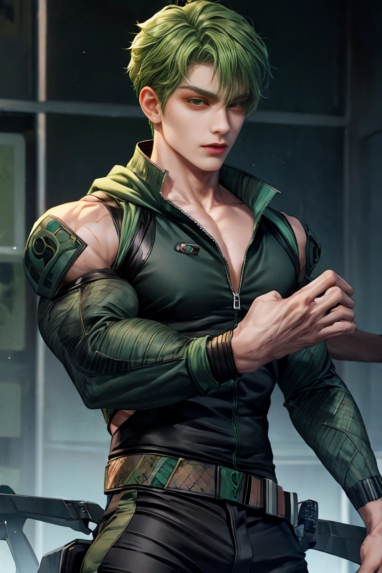gekko style, valorant, 1boy, green hair, brown eyes, muscular, dom, dark, mysterious, , bts, causal clothing, handsome