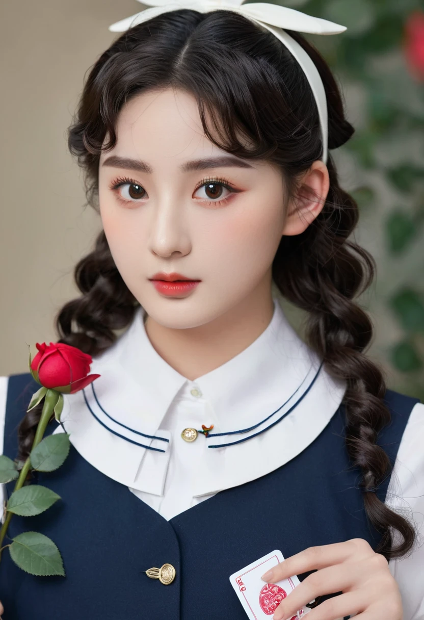 Brown black hair, black eyes, White skin, Oval face, Atmospheric facial features, High target, Confident and powerful, Firm and plump, high school, Uniforms, Curly hair, Hair Bun, Use a hairpin, Red rose, Blue Butterfly, White Rabbit, Card, Official quality, mystery, Light and Shadow, Correct proportions, aesthetics, atmosphere,