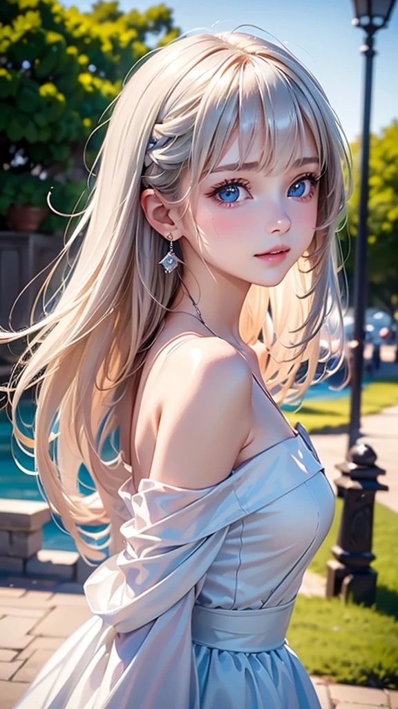 ((sfw: 1.4)), (( detailed face, cute face, detailed face, professional photography)), ((from side)), (( off-the-shoulder top)), (( Shiny platinum blonde silk hair, beautiful shiny bangs, big clear sky blue eyes, very beautiful bright eye highlights, earrings, 1 Girl)), Ultra High Resolution, (Realistic: 1.4), RAW Photo, Best Quality, (Photorealistic Stick), Focus, Soft Light, ((15 years old)), (( (young face))), (surface), (depth of field), masterpiece, (realistic), woman, bangs, ((1 girl))