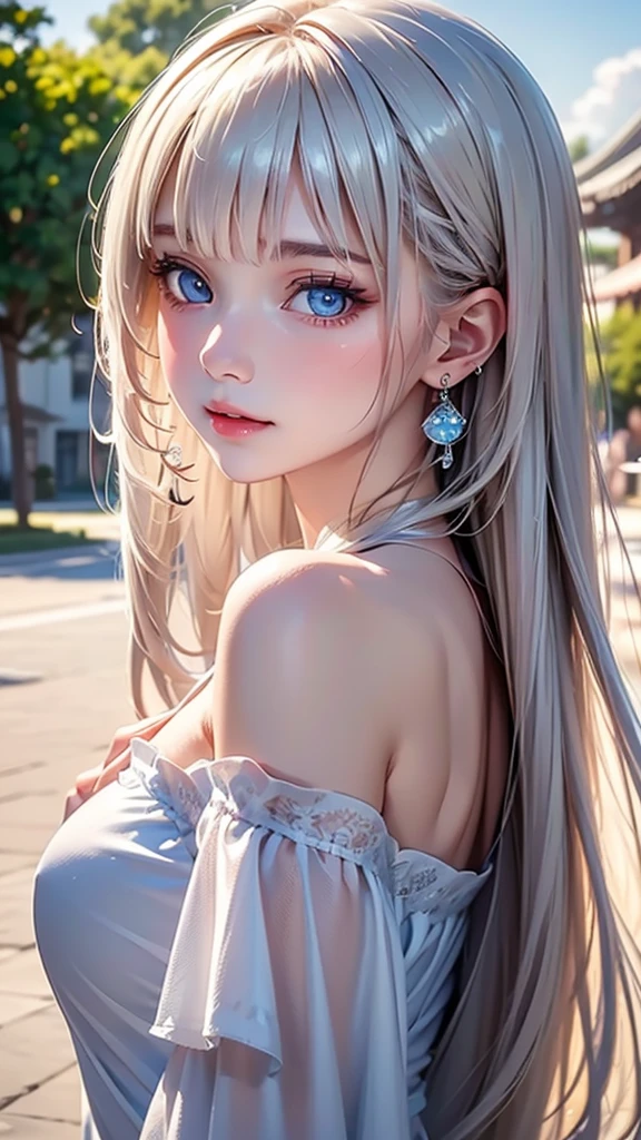 ((sfw: 1.4)), (( detailed face, cute face, detailed face, professional photography)), ((from side)), (( off-the-shoulder top)), (( Shiny platinum blonde silk hair, beautiful shiny bangs, big clear sky blue eyes, very beautiful bright eye highlights, earrings, 1 Girl)), Ultra High Resolution, (Realistic: 1.4), RAW Photo, Best Quality, (Photorealistic Stick), Focus, Soft Light, (()), (( (young face))), (surface), (depth of field), masterpiece, (realistic), woman, bangs, ((1 girl))