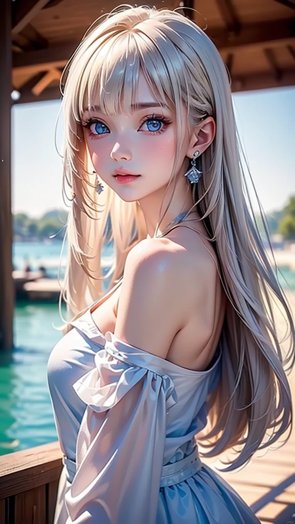 ((sfw: 1.4)), (( detailed face, cute face, detailed face, professional photography)), ((from side)), (( off-the-shoulder top)), (( Shiny platinum blonde silk hair, beautiful shiny bangs, big clear sky blue eyes, very beautiful bright eye highlights, earrings, 1 Girl)), Ultra High Resolution, (Realistic: 1.4), RAW Photo, Best Quality, (Photorealistic Stick), Focus, Soft Light, ((15 years old)), (( (young face))), (surface), (depth of field), masterpiece, (realistic), woman, bangs, ((1 girl))
