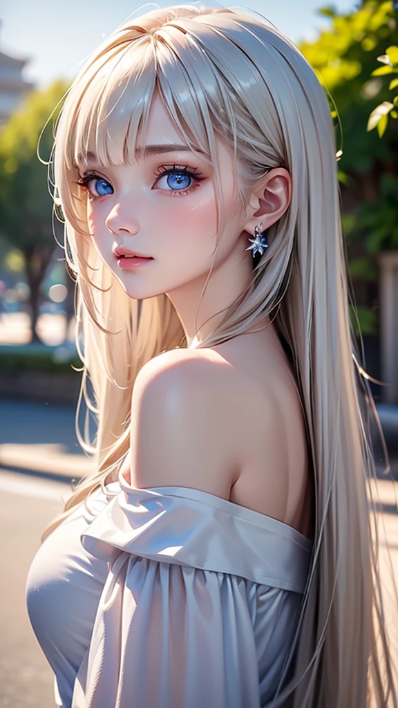 ((sfw: 1.4)), (( detailed face, cute face, detailed face, professional photography)), ((from side)), (( off-the-shoulder top)), (( Shiny platinum blonde silk hair, beautiful shiny bangs, big clear sky blue eyes, very beautiful bright eye highlights, earrings, 1 Girl)), Ultra High Resolution, (Realistic: 1.4), RAW Photo, Best Quality, (Photorealistic Stick), Focus, Soft Light, ((15 years old)), (( (young face))), (surface), (depth of field), masterpiece, (realistic), woman, bangs, ((1 girl))