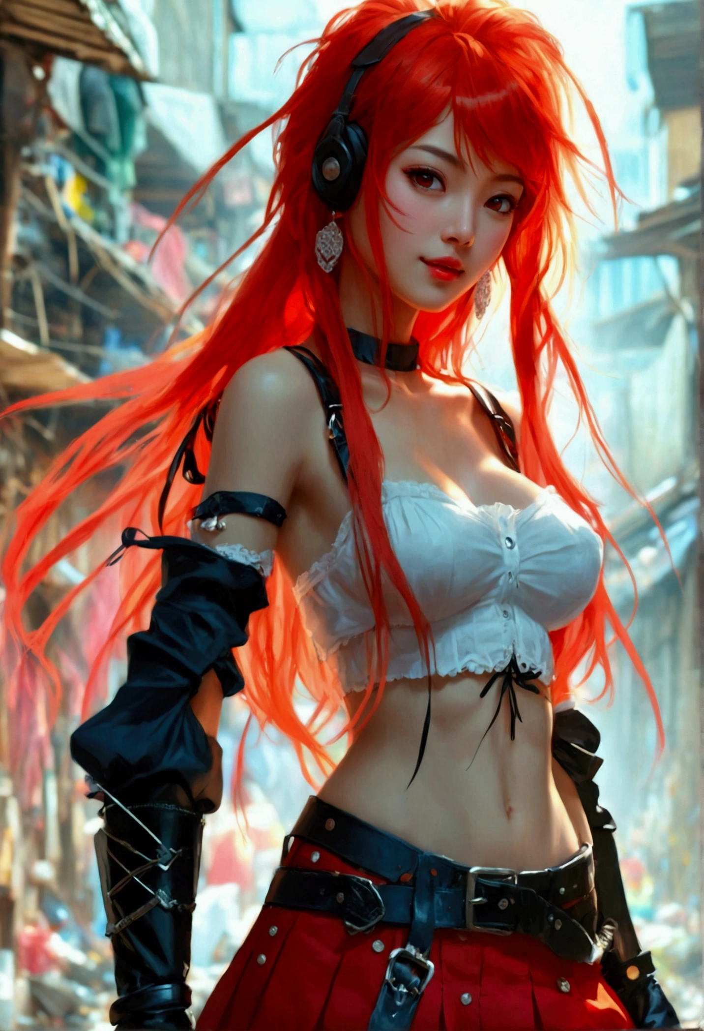 (best quality, masterpiece:1.4), (ultra high resolution:1.4), 8k illustration, extremely detailed, 3D, (realistic:1.45), (photo realistic:1.47), soft focus, blurry background, a Japanese woman, 7rtifa, incredible beautiful woman, extremely delicate and beautiful woman, solo, cute and pretty face, elegant, gentle, neat, red eyes, puffy lips, low-tied long hair, medium breasts, clear and fair skin, perfect figure, earrings, white crop top, suspenders, pleated miniskirt, black thighhighs, arm guards, elbow gloves, fingerless gloves, standing, both hands on hips, gentle smile, (in the slum:1.3), (cowboy shot), (shot from diagonally front), 