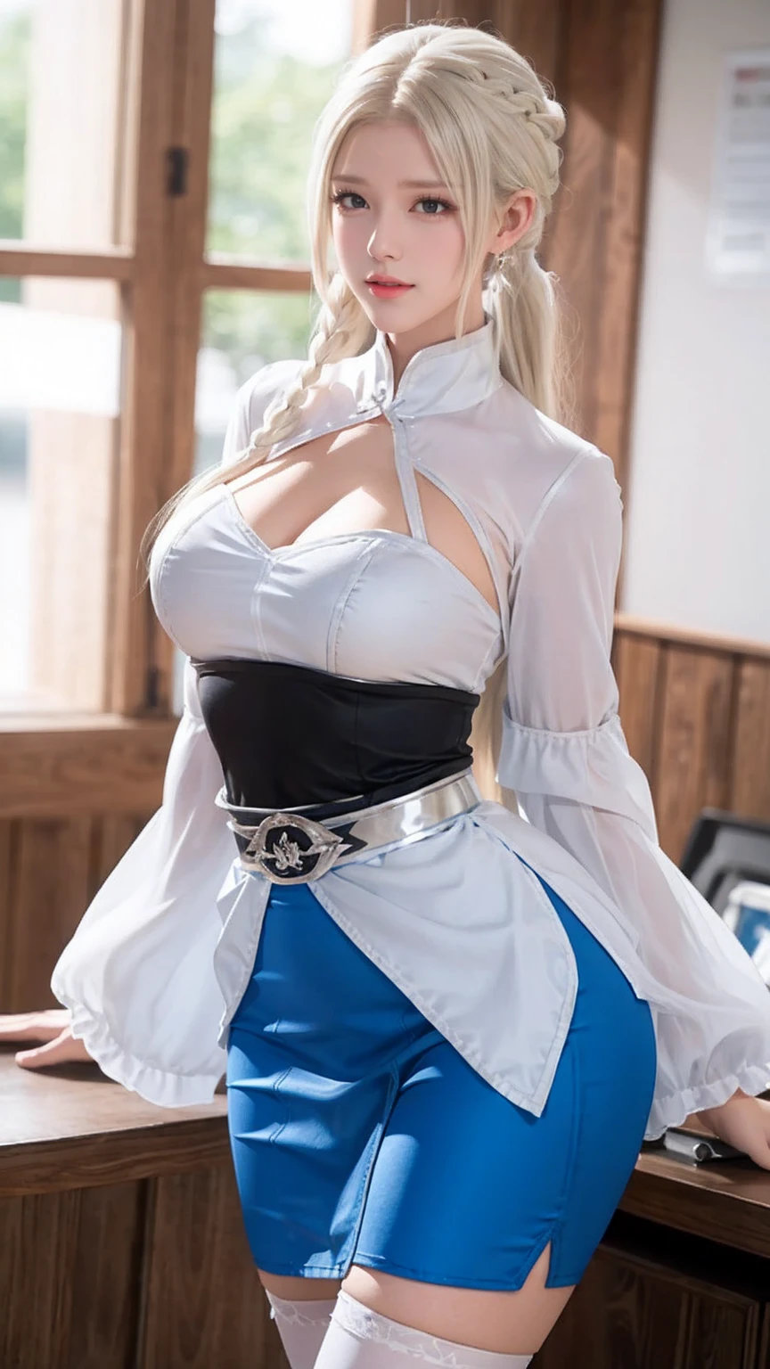 platinum blonde hair, skin tight shirt, smooth shirt blue eyes, smile, cleavage, bright blue high waisted skirt, bright blue pencil skirt, split skirt, hoop earrings, standing, legs, French braid, hair up, classroom, tight bosom, tight , tight chest, tight shirt, (sleeves rolled up), choker, (white stockings), thigh straps,