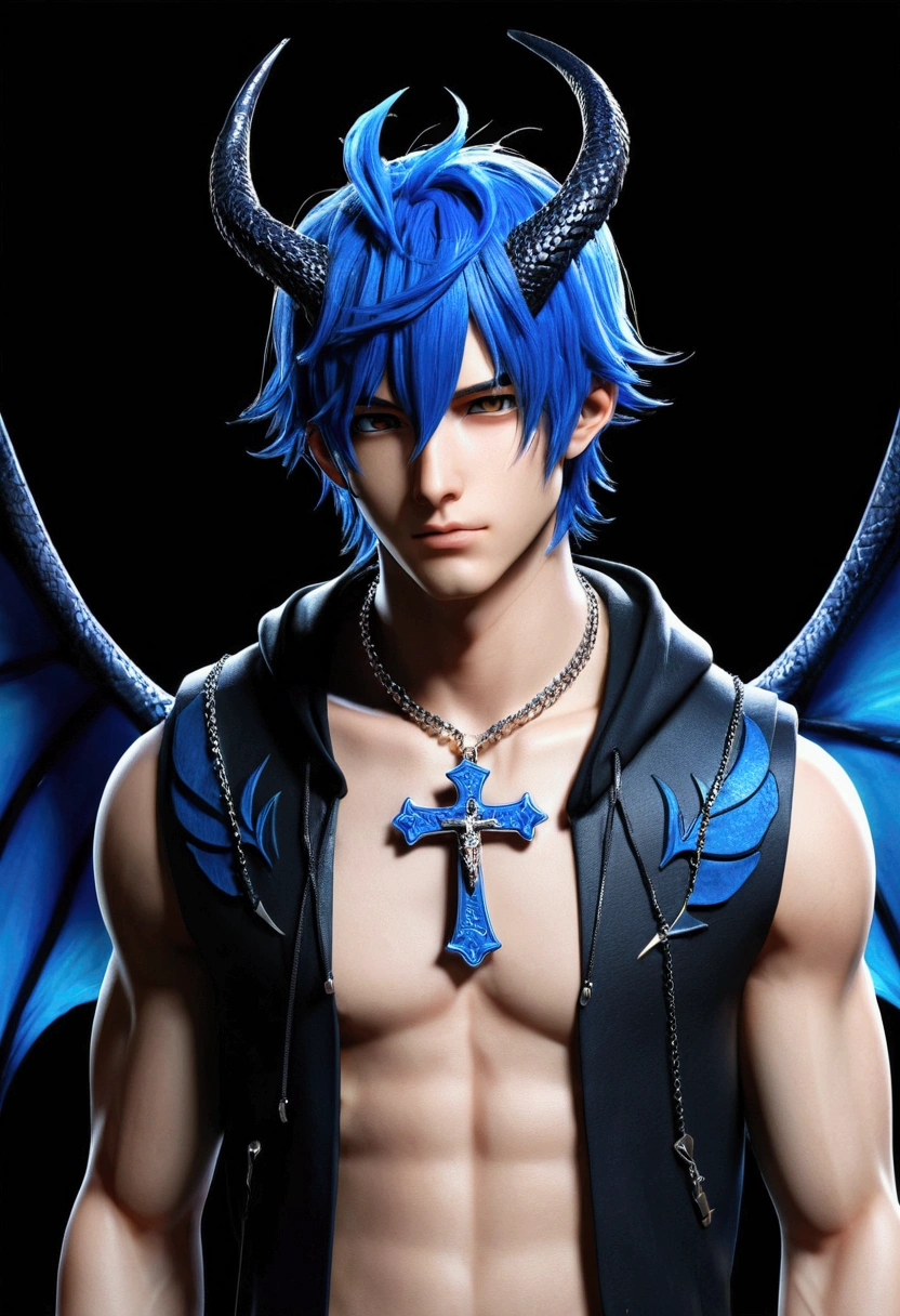 ((best qualityer)), ((work of art)), (detailded),
anime homem, black and blue hair, best qualityerr,open chest vest, blue and black clothes, Dragon Wings, black cloth on face, silver cross chain on neck, black hood with blue horns 