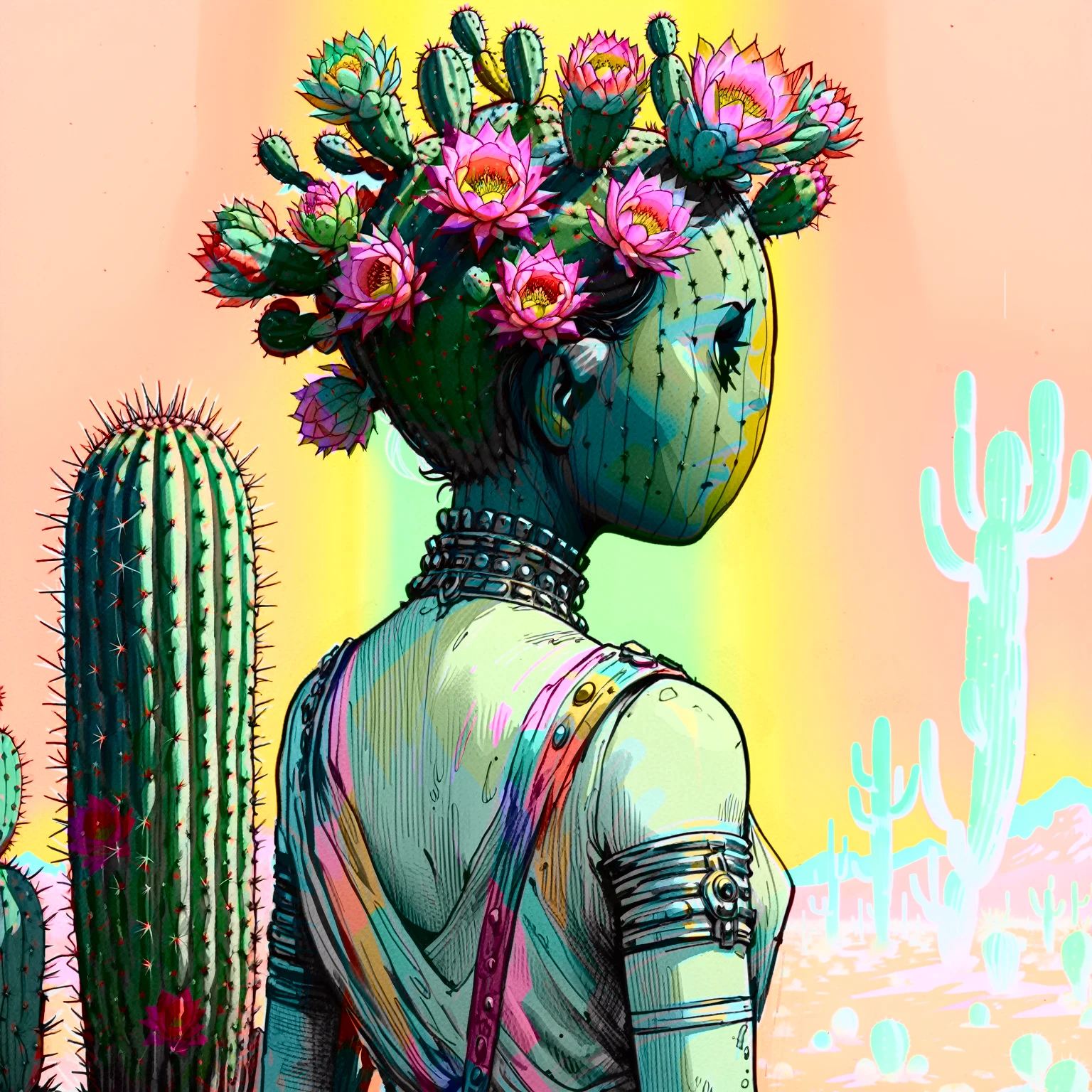 illustrate cactus princess, film screengrab, minimal, serene, perfect, strange, candid, cinematic, surreal, anthropomorphic cactus princess with crown of ornate cactus flowers (ladyfingers and opuntia, vibrant), , realism, photographed, timeless, lost in space, liminal, blank canvas, abstract, nuanced, clearly cartoon distinct, An over the shoulder sketch in the style of Jamie Hewlett and Joelle Jones, with 90s comic aesthetics, expressive ink work, cinematic compositions, and nuanced details. Desert color scheme, 1990's animated tv show screengrab, uv light rays across face, VHS, glitch, distorted, nostalgia, 90's retro vibes, analog tape, vcr aesthetics, tv, television, comic 1990's, animated tv show screengrab, cinematic poster, image within image, multiple exposure, massive scale, rich color grading for shading depth, hand drawn rotoscope cartoon realism, chiaroscuro lighting, mixed media, vintage comic, retro original design, 1990's comic, sense of movement energy, rewilding, (full roygbiv color) ink charcoal expressive illustration,