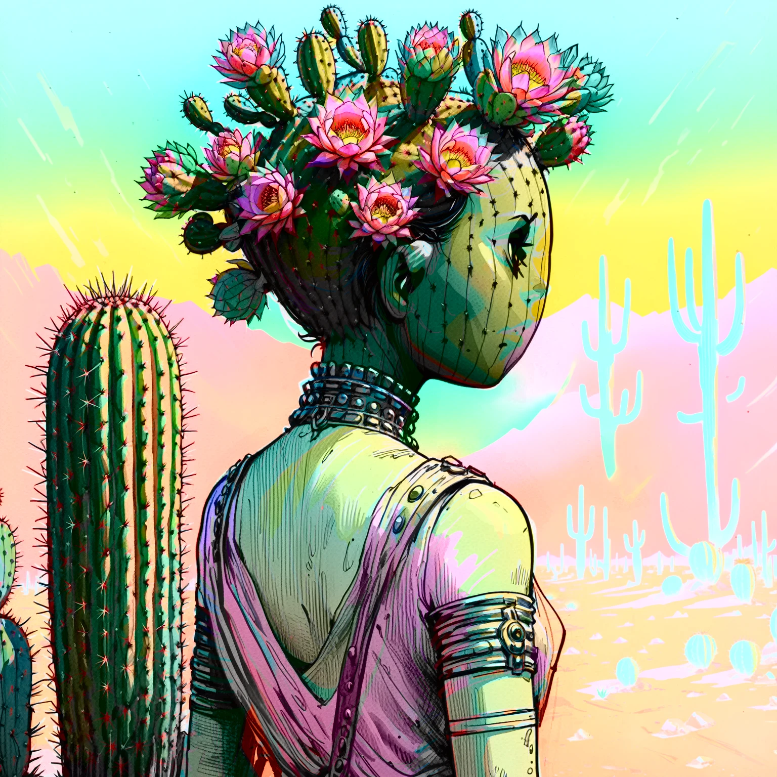 illustrate cactus princess, film screengrab, minimal, serene, perfect, strange, candid, cinematic, surreal, anthropomorphic cactus princess with crown of ornate cactus flowers (ladyfingers and opuntia, vibrant), , realism, photographed, timeless, lost in space, liminal, blank canvas, abstract, nuanced, clearly cartoon distinct, An over the shoulder sketch in the style of Jamie Hewlett and Joelle Jones, with 90s comic aesthetics, expressive ink work, cinematic compositions, and nuanced details. Desert color scheme, 1990's animated tv show screengrab, uv light rays across face, VHS, glitch, distorted, nostalgia, 90's retro vibes, analog tape, vcr aesthetics, tv, television, comic 1990's, animated tv show screengrab, cinematic poster, image within image, multiple exposure, massive scale, rich color grading for shading depth, hand drawn rotoscope cartoon realism, chiaroscuro lighting, mixed media, vintage comic, retro original design, 1990's comic, sense of movement energy, rewilding, (full roygbiv color) ink charcoal expressive illustration,
