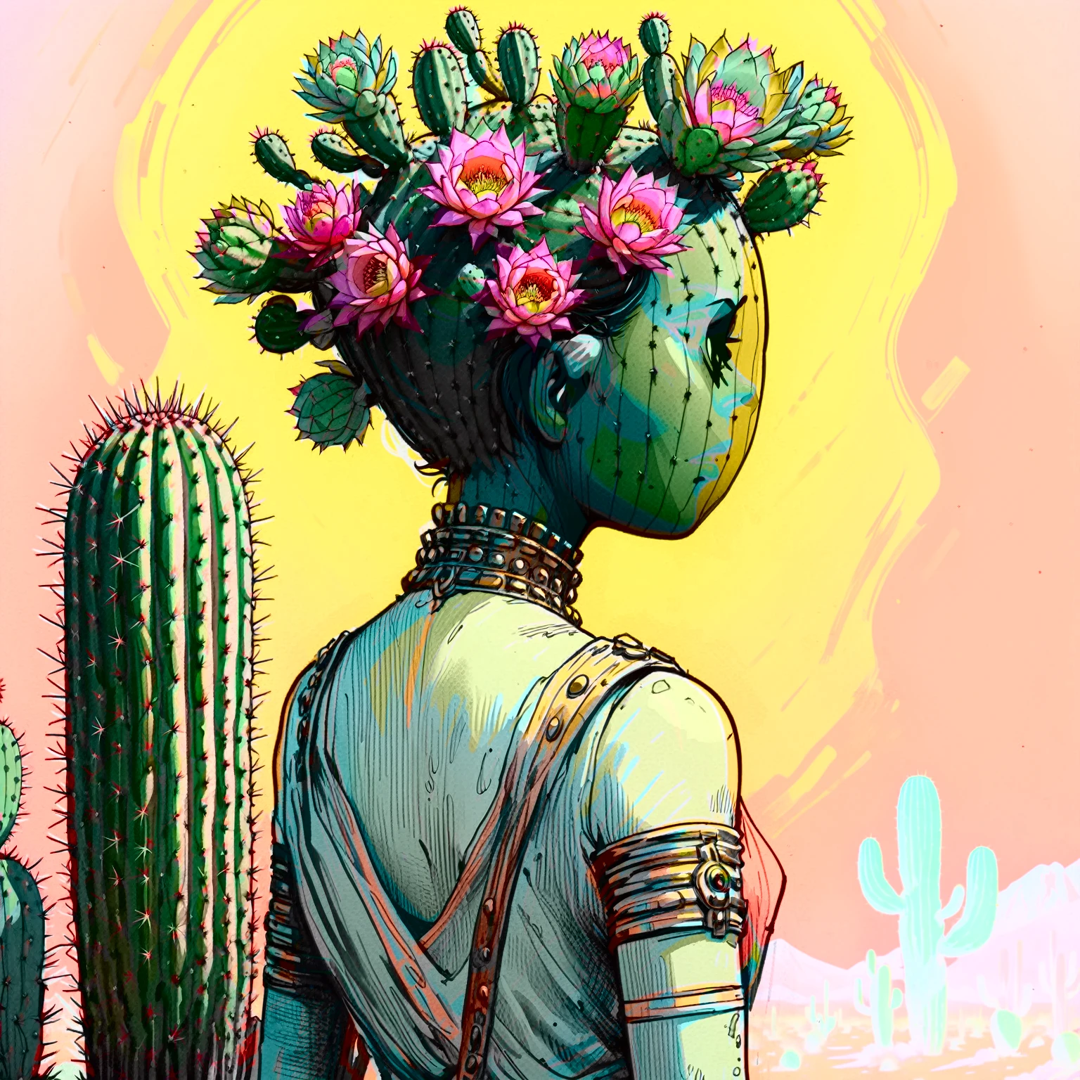 illustrate cactus princess, film screengrab, minimal, serene, perfect, strange, candid, cinematic, surreal, anthropomorphic cactus princess with crown of ornate cactus flowers (ladyfingers and opuntia, vibrant), , realism, photographed, timeless, lost in space, liminal, blank canvas, abstract, nuanced, clearly cartoon distinct, An over the shoulder sketch in the style of Jamie Hewlett and Joelle Jones, with 90s comic aesthetics, expressive ink work, cinematic compositions, and nuanced details. Desert color scheme, 1990's animated tv show screengrab, uv light rays across face, VHS, glitch, distorted, nostalgia, 90's retro vibes, analog tape, vcr aesthetics, tv, television, comic 1990's, animated tv show screengrab, cinematic poster, image within image, multiple exposure, massive scale, rich color grading for shading depth, hand drawn rotoscope cartoon realism, chiaroscuro lighting, mixed media, vintage comic, retro original design, 1990's comic, sense of movement energy, rewilding, (full roygbiv color) ink charcoal expressive illustration,