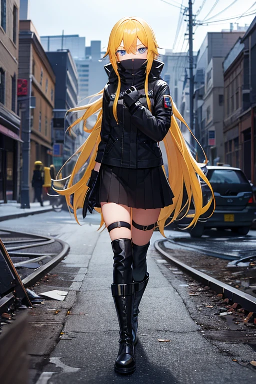 girl, blue eyes, long yellow hair, black balaclava, black jacket, short black skirt, black boots, black knuckleless gloves. (abandoned city background)