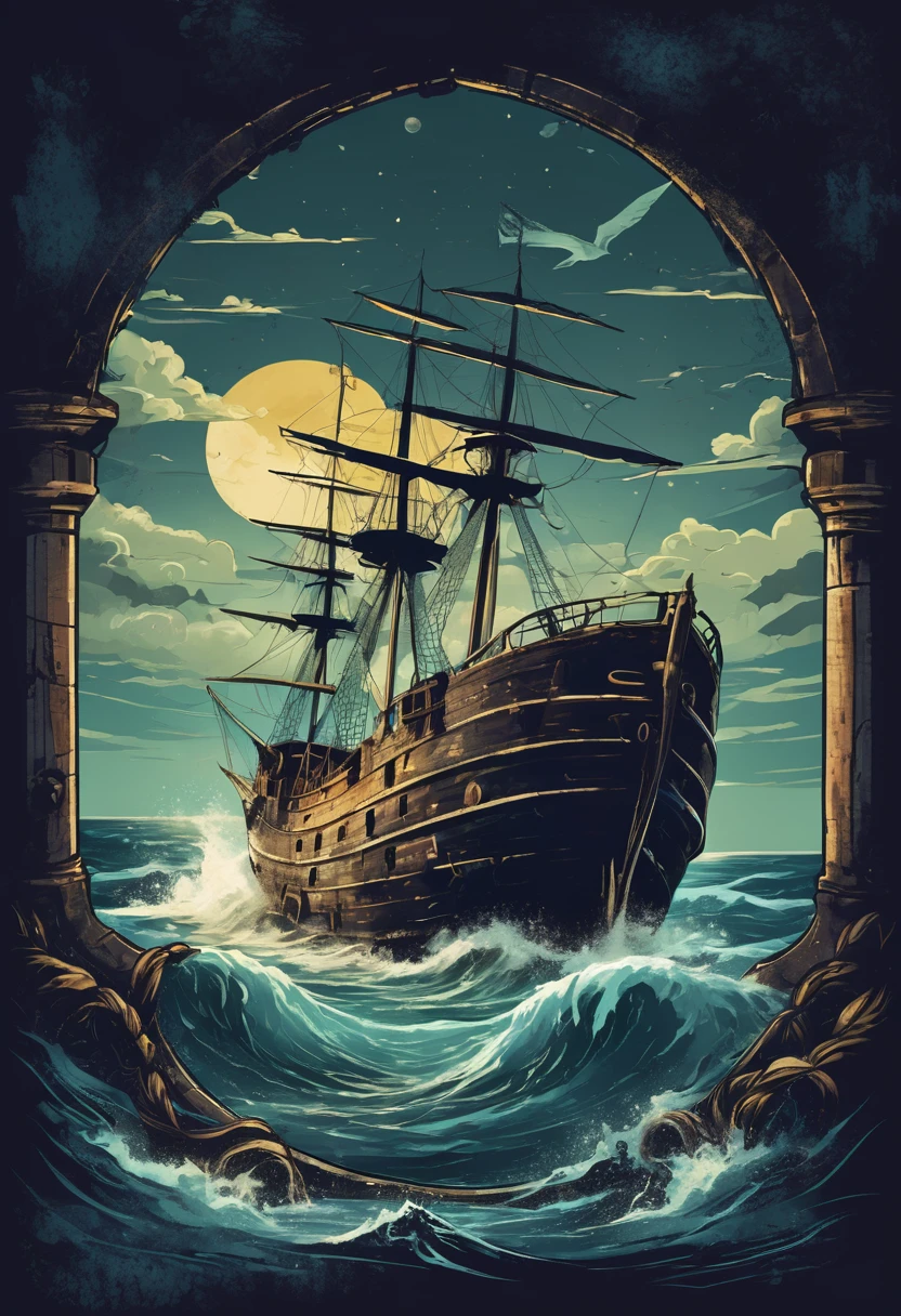 An illustration，Medieval retro style，Nautical theme，Wreck，Dark background，Retro shabby atmosphere，Caribbean Type