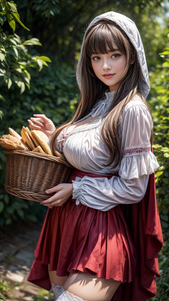nsfw:0.1、4K, Realistic,Very detailed,((Big Breasts))、18-year-old、((blunt bangs))、(smile))、(Little Red Riding Hood)、(Medieval clothing)、(mini skirt)、Thigh-high stockings、(Carrying a basket of bread and wine)、grassland、((Delicate painting))，(Detailed RAW photos of girls), (Masterpiece:1.25), (Highest quality:1.6), (Ultra-high resolution:1.5), (Realistic:1.75), 8K resolution,:1.6),  Canon EOS R5, 50mm,Very detailedな,Cinema Lighting
