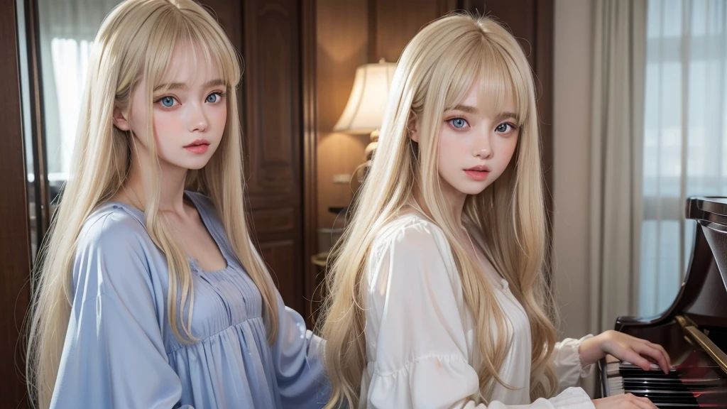 playing piano.silky shiny skin、22 year old cute sexy little beautiful face、Hair glows in front of a cute face、long silky bangs covering the eyes、pale light blue eyes、Young woman super long blonde shiny golden bright straight hair、with round face、Small face beauty、big eye、bright expression、The dress、Even big in clothes
