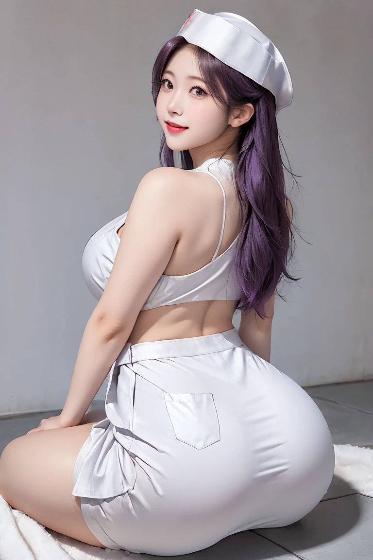 all fours on the toilet ground,toilet, (white nurse outfit : 1.3), white skirt, (white nurse hat), medicalroom, Nijou Aki, 27 yo, mature women, anime cels style, best quality, high resolution, (big breasts), cowboy shot,long legs,thick legs,narrow waist,fat hip, blush, smiling, (purple eyes), blue hair,back to the view,big round ass,horse ass,thong,t-back,Thong,show her ass,pants,bare shoulders,