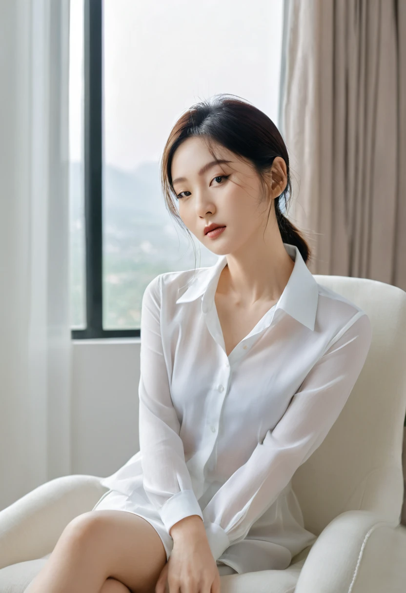 Close-up:A woman in a white shirt sits on a chair, Beautiful young Korean woman, White clothes are transparent, breast,can be seen