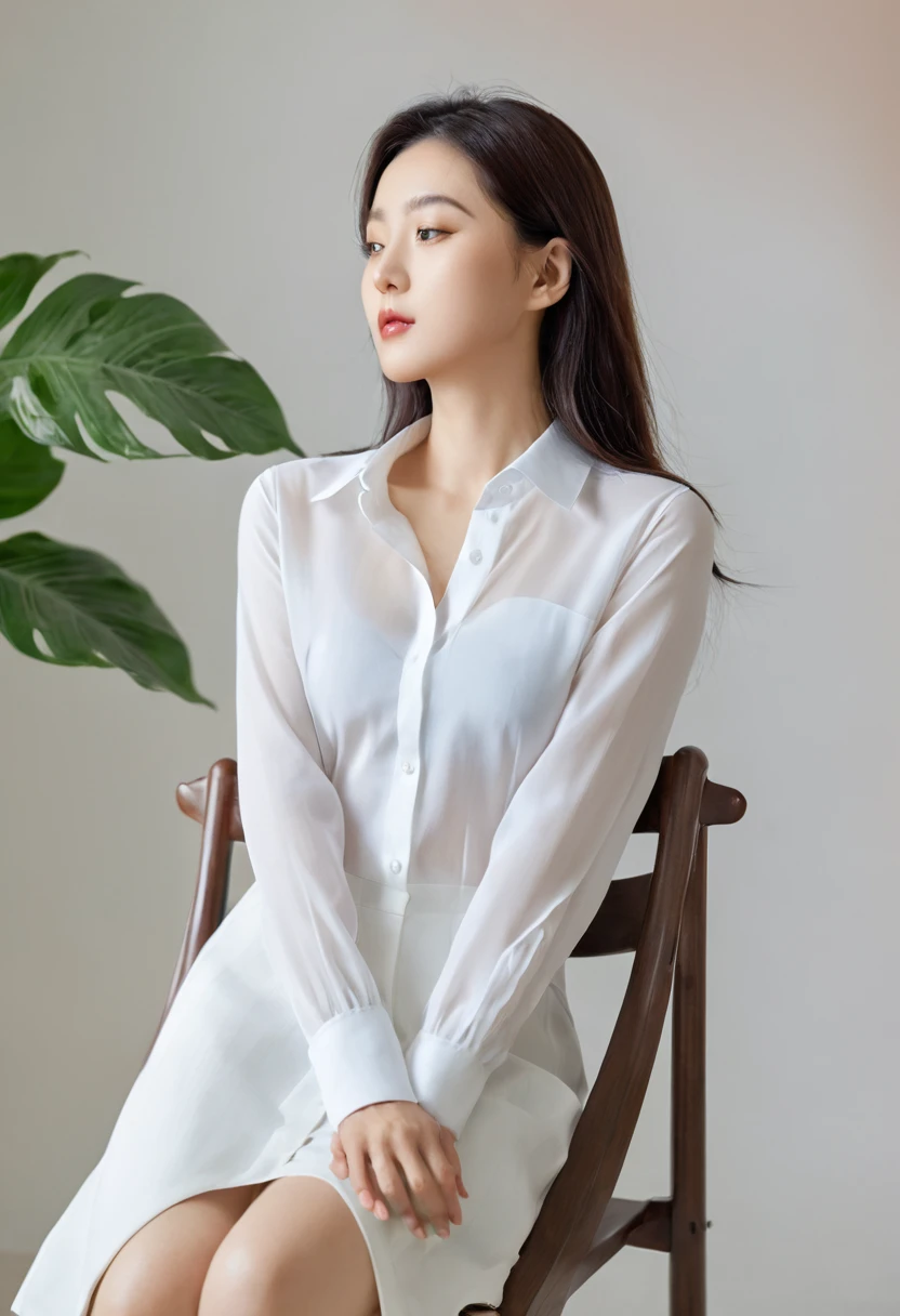 Close-up:A woman in a white shirt sits on a chair, Beautiful young Korean woman, White clothes are transparent, breast,can be seen