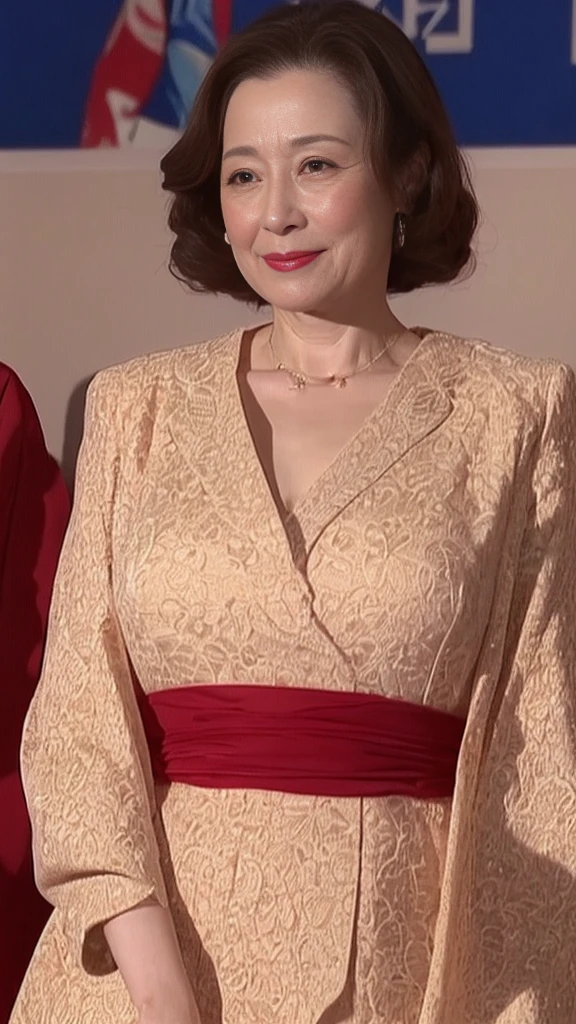 Standing in front of a gaudy wall, Kawase Hasui, Face close-up, Japanese painting, senior citizen, Draw lips correctly, Red lipstick, No discomfort, 16K, Highest quality, Very detailed, Realistic, Very detailed肌, (Japanese), (alone), 100 years old, Large Breasts, Mature female politician, Glamour, sexy, Chromo White Skin, Staring straight ahead,