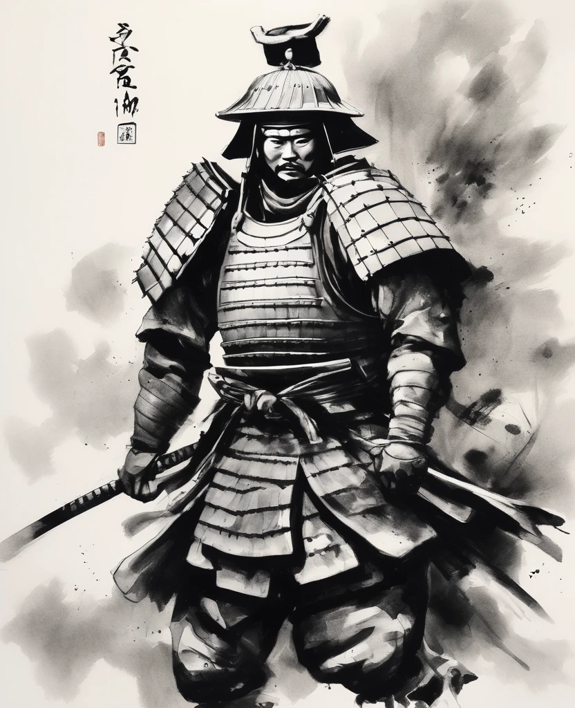 A dynamic depiction of a Japanese armored warrior in black and white with no shading, in the style of a sumi-e painting.