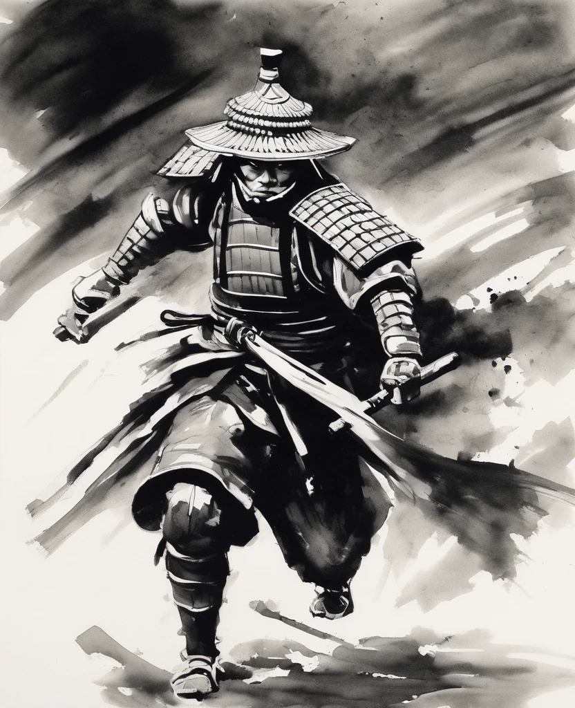 A dynamic depiction of a Japanese armored warrior in black and white with no shading, in the style of a sumi-e painting.