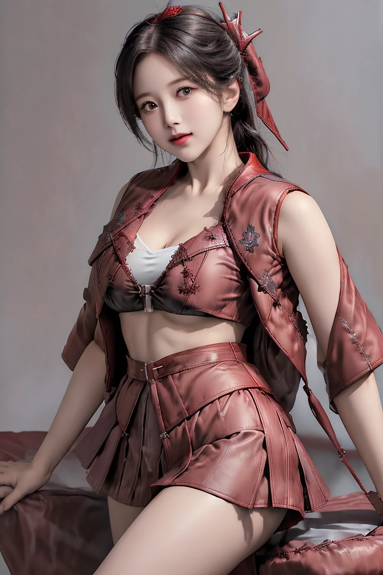 (masterpiece, the best quality:1.2), Cowboy shooting, Solitary, 1 Girl, Makoto Ohama,Charming smile, Shut up, looking at the audience,posture, Hands on Hips,Big breasts(((Large Breasts、Low-cut，Cleavage, Wide hips,)))((Long legs)),Hourglass figure, ,Headband, Osukidev, Strapless, lace up boots, army, army , pleated skirt, (Red Jacket:1.5), skirt, High Leg Raise, , white High Leg Raise, white ribbon, Buttons, (sleeveless:1.5),National Foundation,Official Art,Extremely detailed CG unity 8k wallpaper, Perfect lighting, (masterpiece:1.0),(the best_quality:1.0), Ultra-high resolution,4k,Extremely detailed, photography, 8K, HDR, High resolution, absurd:1.2, Kodak Portrait 400, Film Grain, Blurred background, Bokeh:1.2, lens flare, (energetic_color:1.2),(beautiful_Face:1.5),(narrow_waist),(Perfect hands, Perfect anatomical structure),