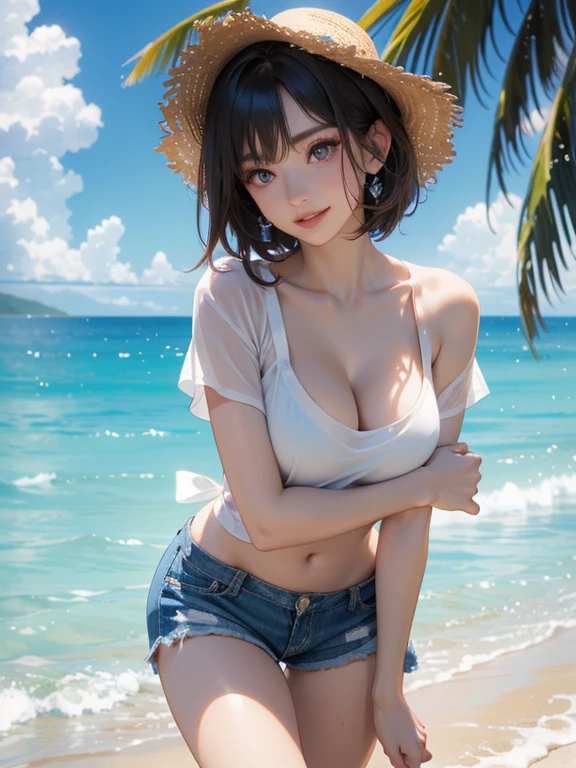 (Highest quality、masterpiece、High resolution、8K)、Vibrant colors、Young and beautiful woman 1、whole body、Brown and black short bob、barefoot、(Detailed face、Beautiful Eyes、Beautiful nose、Pretty lips)、Beautiful cleavage、A woman wearing a white T-shirt and shorts、Running on the beach、Surprised Smile、looking at the camera、Official Art、The background is the sea、blue sky、White waves and wide sandy beach、Wide forest、White Entrance Cloud、