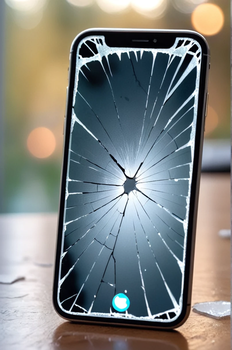 photo, showing an iPhone with the front glass broken, with a very realistic design, with cracks only on the top of the cell phone, no background, pov, bokeh
