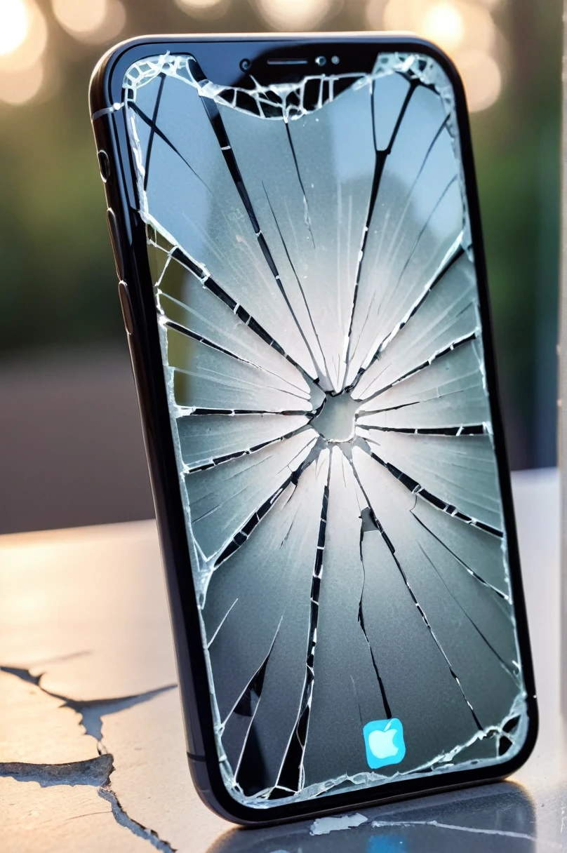 photo, showing an iPhone with the front glass broken, with a very realistic design, with cracks only on the top of the cell phone, no background, pov, bokeh