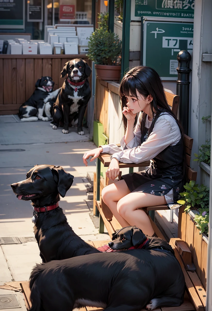 best qualityer, a woman sat on a bench , buzzer_don, dogs printed in the don
