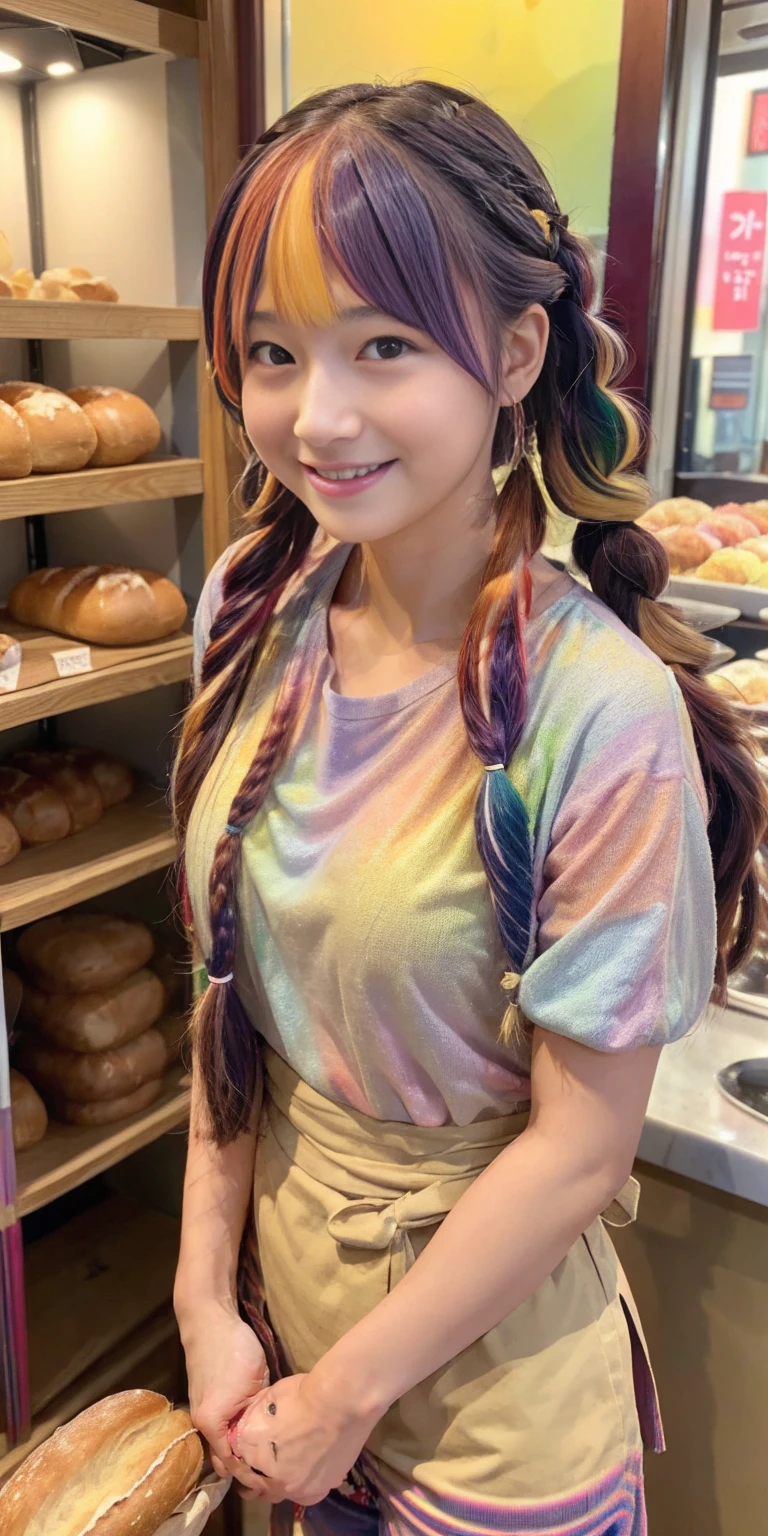 Fluid organization:1.6), 本当に野生の髪を持つ一人のbeautiful女の子, (Colorful wavy hair:1.2),( Two long braids:1.2), (Long wild hair:1.2), (Multicolored Hair: 1.9),可愛いsmile
パン屋販売スタッフ、(((Low - Angle:1.4)))、((One hand raised))、((She is wearing a colorful and pop blouse and apron.)),(;have big bread))、(((Spread your legs:1.4)))、,(((beautiful armpits:1.2)))、High resolution、Bakery、16-year-old girl、smile、Finished as in the picture、white and beautiful skin、Focus on small breasts、((beautiful５This finger))、Bakeryの制服を着ています、最high quality、High resolution、Very detailed、masterpiece、Live Shooting:2、Genuine:2、photoGenuineistic:2、very delicate and beautiful、Fine details、Textured skin、Full Shot、、(beautiful face:2)、hot pants、Putting on makeup、Perfectly balanced legs:1.5), Looking at the camera, Angle from above, (((hot pants))), High resolution、未来のBakery、Delicious bread that women will love、Looking at the camera、smile、Finished as in the picture、、(((I have a big loaf of bread)))、(((cute smile)))、((((Eat delicious bread)))))、((I love bread))、(front focus piece:1.3), 
、Cute Apron、Rainbow Apron、Bakeryの制服を着ています、明るすぎるNatural light、Shining sunlight、最high qualityのディテール, Japanese Girls,1 girl, 8K, RAW Photos, 最high quality, Ticker:1.2, Very detailedなRAWカラー写真, Professional photos, (reality, photoGenuineisticです:1.37), (Very detailedな皮膚:1.2), 超High resolutionな, (Lenz 50mm),,絶妙にFine grain,Look at the person watching,Pretty face, Just Mile:1.05),Wide Hips,Straight hair,,Light pink inner color、 white and fine skin、(Very detailedな8K cg:1.2), (hyper Genuineistic:1.35), (photoGenuineisticです:1.45), (reality:1.4), 

(背景はBakery:1.1)、Sexy upward glance, 、Very detailed、masterpiece、最high quality、Ultra-high resolution energy A、8KのHigh resolutionにより、Transparency as shown in the photo、Fine grain、Expression of gradation、Perfect anatomical figure ,hard disk、Ticker (English) 、 Nikon Z9 80mm Lens ,、明るすぎるNatural light、Shining sunlight、、Ultra slim body、Slender model figure、beautiful姿勢、, 最high quality, 8K, RAW Photos, Confused, Award-winning portraits, shy smile, shy smile, , Delicate girl,, Digital SLR, View your viewers, Frank, Sophisticated, Thin arms, Professional Lighting, Film Grain, chromatic aberration, (Fine grainと顔:1.0), Live Shooting、(((A portrait of extreme beauty)))、((Glowing Skin))、1 girl、16 year old beautiful girl from Prague、Bright expression、((Platinum Blonde Hair))、[Big blue eyes that sparkle like jewels]、Shiny skin、silky super long Straight hair、eyeliner、beautiful前髪、Hair around the eyes、最high quality、Very detailed、Film Light、Intricate details、High resolution、Very detailed))、Detailed Background、8KUHD、Digital SLR、Soft Light、high quality、Film Grain、Fujifilm XT3 、Shallow depth of field、Natural light、(((Spread your legs:1.4)))、Pieces fly、High resolution、Bakery、16-year-old girl、smile、Finished as in the picture、white and beautiful skin、Focus on small breasts、最high quality、High resolution、Very detailed、masterpiece、Live Shooting:2、、neon hair clip,masterpiece、最high quality、
One girl,Ives Girl,beautiful照明,(((Anyone can see the D logo.:9)))