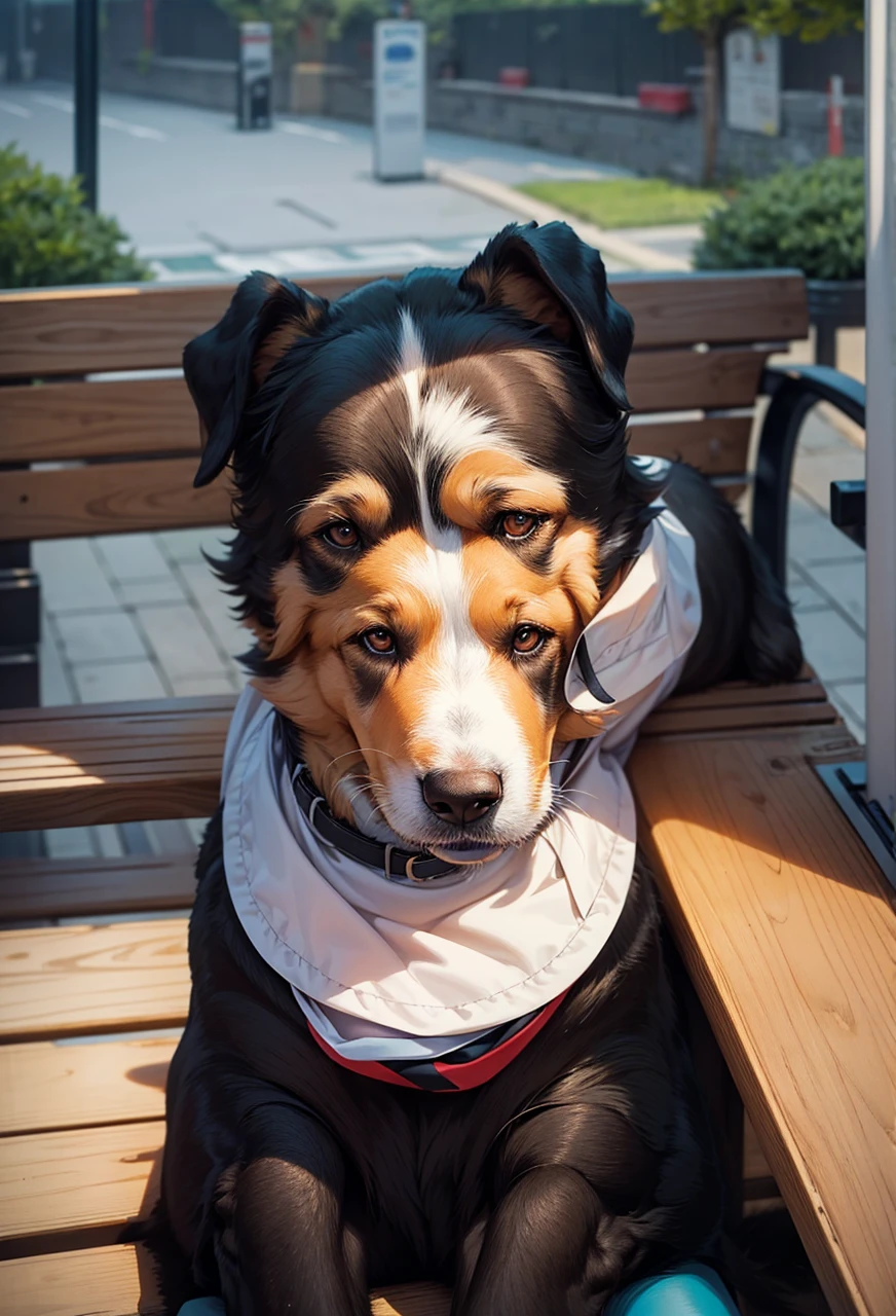 best qualityer, a woman sat on a bench , buzzer_don, dogs printed in the don