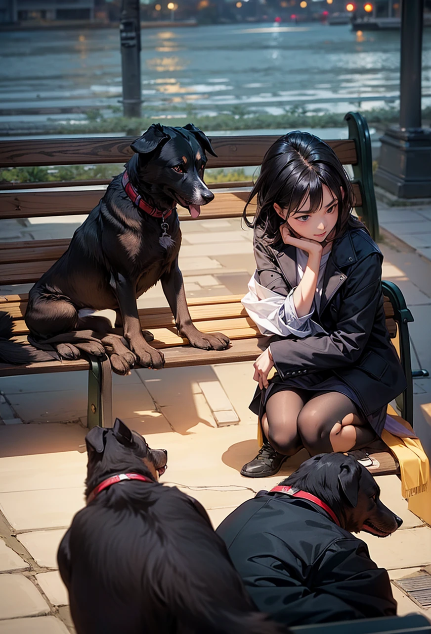 best qualityer, a woman sat on a bench , buzzer_don, dogs printed in the don