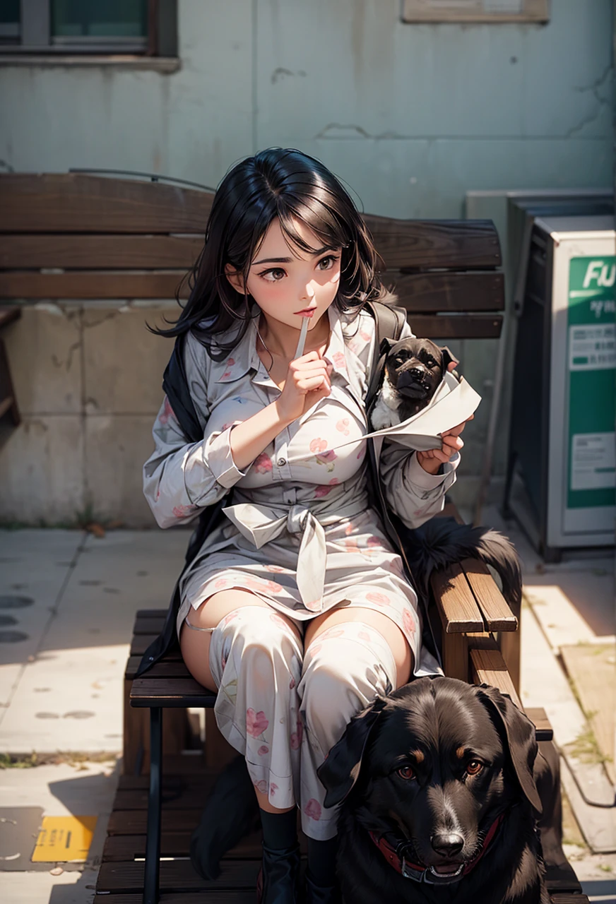 best qualityer, a woman sat on a bench , buzzer_don, dogs printed in the don
