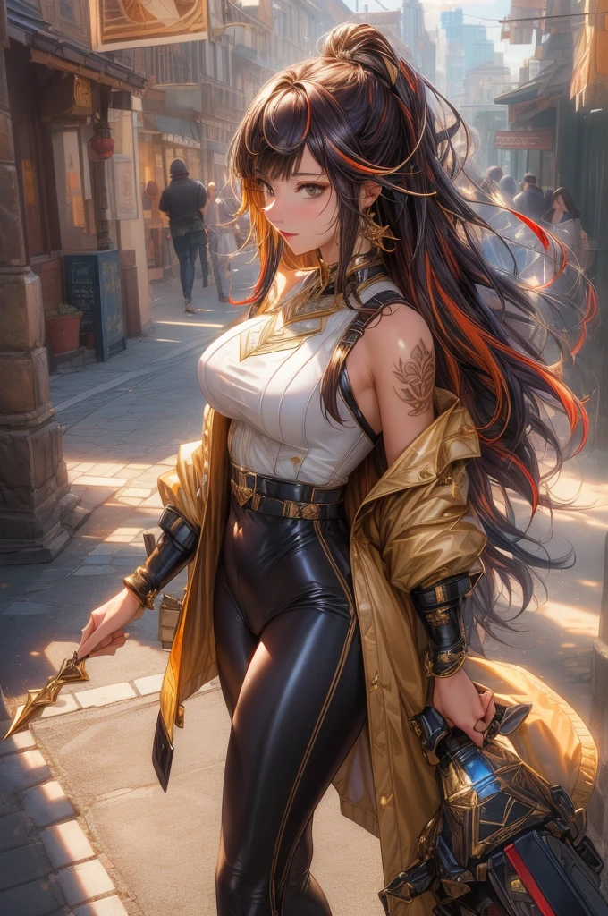 ((best qualityer)), ((work of art)), (detailded:1.3), 3d ,hdr (high-range dynamics),cinematic shot, dramatic lighting emphasizing shadows, rich texture details,, exceptional sharpness, Clarity, and color reproduction, optical excellence, maximum resolution and image quality, 1 girl in a shiny gray and gold and cream and beige abstract outfit, artistation, tattoo on arm, long open and loose jacket, skin tight leggings, casual shoes, (sshade balayaga,shade,bronde,multicolored hair,Destaca-se:1.2)