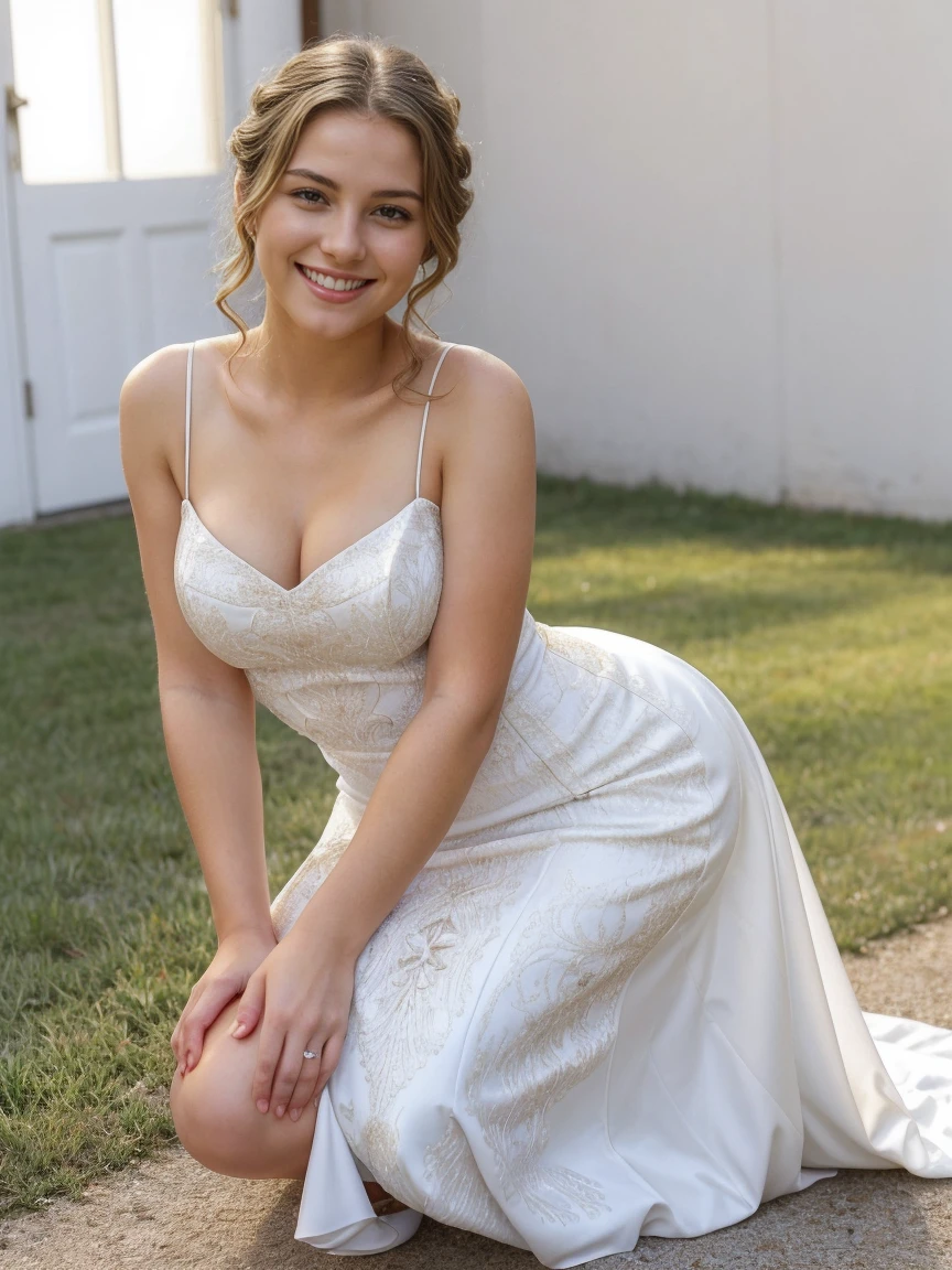 arafed woman in a white dress kneeling on the ground, a picture by Niko Henrichon, tumblr, renaissance, cute seductive smile, cute young woman, friendly seductive smile, a cute young woman, young and cute girl, gorgeous young model, cute young girl, lovely woman, very beautiful young woman, smiling seductively, attractive girl, seductive smile