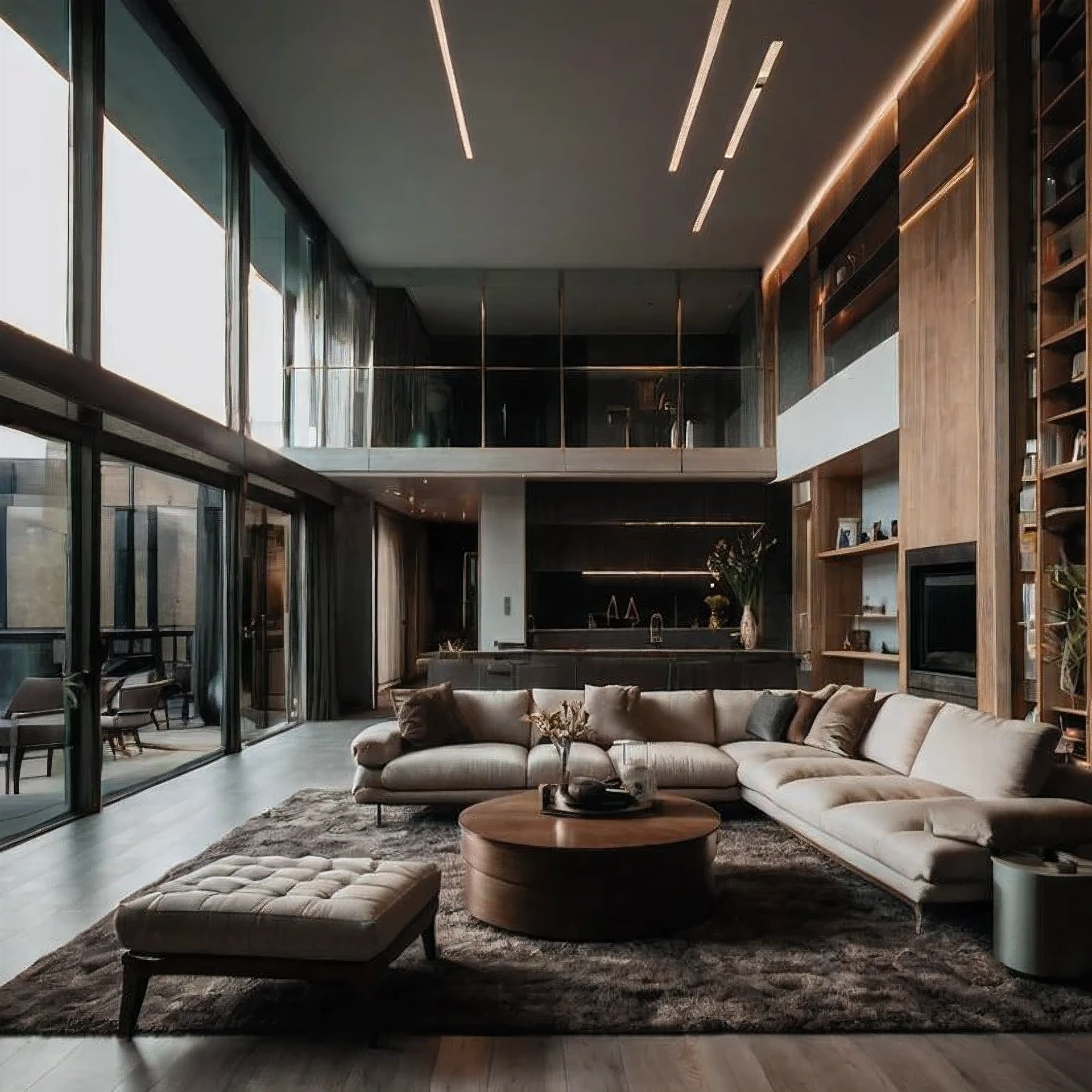 a view of a living room with a couch, ottoman, and coffee table, with backdrop of natural light, moody ambiance, luxurious indoor setting, dark and beige atmosphere, modern living room, dimly lit interior room, modern interior design, living room vibe, beige and dark atmosphere, dark interior, living room, luxurious environment, interior architecture view, luxury condo interior