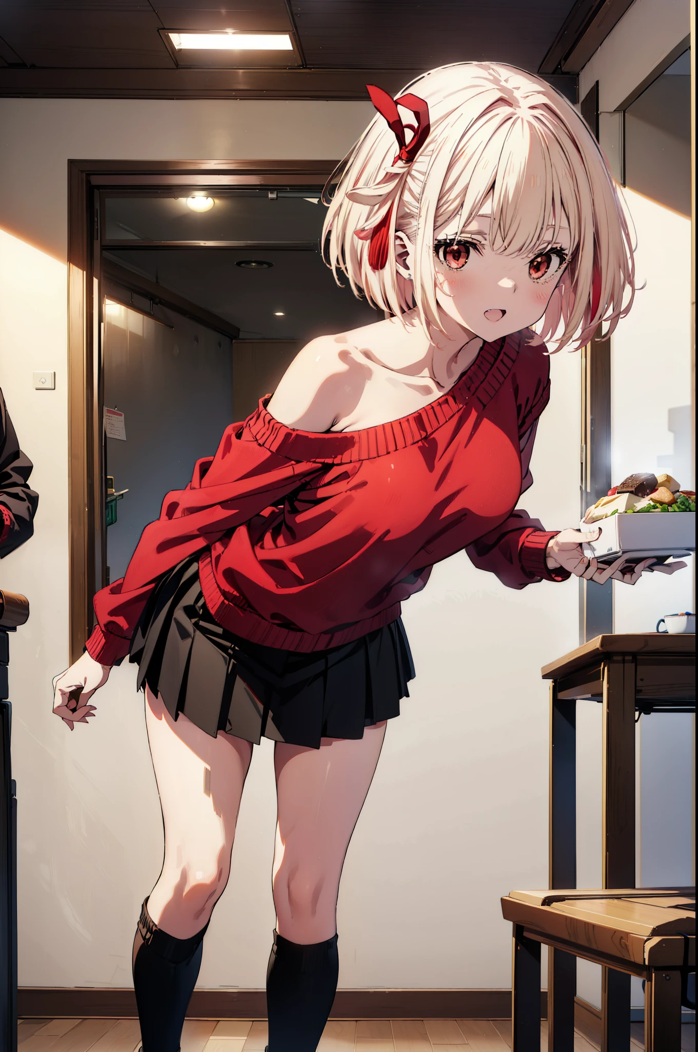 Chisato Nishikigi, short hair, bangs, Blonde, (Red eyes:1.5), hair ribbon, One side up, Bobcut,happy smile, smile, Open your mouth,Red one-shoulder sweater,mini skirt,black tights,short boots,There is food on the table,トレイ in one hand,Chair,Walking,whole bodyがイラストに入るように,
break indoors,School,canteen,
break looking at viewer, whole body,
break (masterpiece:1.2), Highest quality, High resolution, unity 8k wallpaper, (figure:0.8), (Beautiful attention to detail:1.6), Highly detailed face, Perfect lighting, Highly detailed CG, (Perfect hands, Perfect Anatomy),