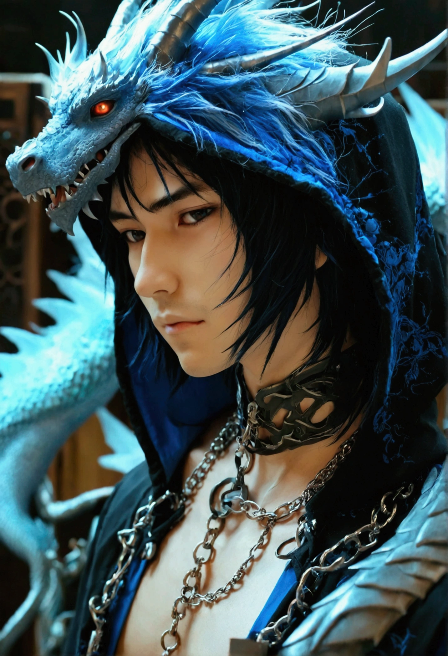 anime homen, black and blue hair, best qualityrr,open chest vest, blue and black clothes, Dragon Wings, black cloth on face, silver cross chain on neck, black hood with blue horns