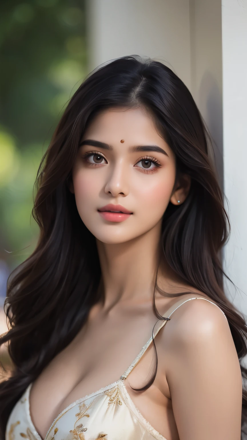 score_9, score8_up, (masterpiece1.5), (ultra realistic), (uhd:1.3), intricately detailed, raw photo, 16k, 32k, stunning beautiful cute young attractive girl indian, teenage girl,18 year old,cute, instagram model, detailed long black hair, very detailed and sharp facial features and expressions, very detailed and shinning glossy eyes, very detailed full glossy lips, very detailed shinning hairs, very detailed and perfect natural round medium breasts, hint of cleavage, detailed symmetrical perfect face, very detailed surrounding, perfect body anatomy, . Envision a Indian girl in a beautiful summer dress, her chest subtly emphasized, exuding confidence and grace, textures and delicate patterns