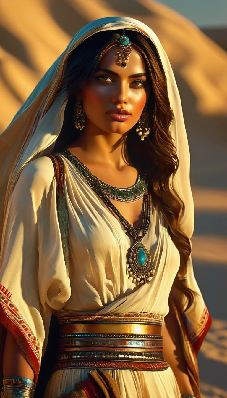 plano general, Whole body, desert princess:1.5 Arafed dressed in Arab clothing walking through the desert, Style by Raymond Swanland, full body cg society,20 years. o model girl, [ trend in CG society ]!!, trend in artstation hd, cg society masterpiece, CGsociety 9, bell beetle julie artgerm, trend in Artstation 4k, (Best Quality,4k,8k,high resolution,Masterpiece:1.2),ultra detailed,sharp focus,(realist,photorealist,photo-realist:1.37),very detailed face,extremely detailed facial features,hyper realist skin texture,extremely fine details,intricate details,
detailed eyes,Detailed nose,detailed lips,detailed facial expressions,intricate facial anatomy,intense lighting,
dramatic lighting,changing lighting,cinematic lighting,chiaroscuro lighting,dramatic shadows,dramatic moments,
vivid colors,intense colours,Deep contrast,cinematic depth of field,cinematographic composition,cinematic camera angle