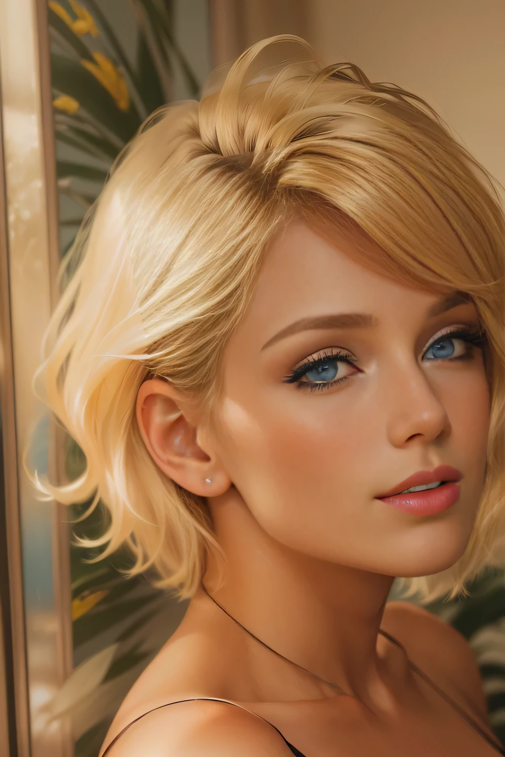 blonde woman with blue eyes and a short haircut posing for a picture, blonde hair and blue eyes, blonde hair blue eyes, blonde short hair, short blond hair, short blonde hair, blond hair blue eyes, blonde and attractive features, a gorgeous blonde, blue eyes and blond hair, short wavy blond hair, a girl with blonde hair, beautiful blonde girl