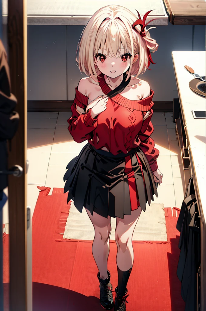 Chisato Nishikigi, short hair, bangs, Blonde, (Red eyes:1.5), hair ribbon, One side up, Bobcut,happy smile, smile, Open your mouth,Red one-shoulder sweater,mini skirt,black tights,short boots,There is food on the table,トレイ in one hand,Chair,Walking,whole bodyがイラストに入るように,
break indoors,School,canteen,
break looking at viewer, whole body,
break (masterpiece:1.2), Highest quality, High resolution, unity 8k wallpaper, (figure:0.8), (Beautiful attention to detail:1.6), Highly detailed face, Perfect lighting, Highly detailed CG, (Perfect hands, Perfect Anatomy),