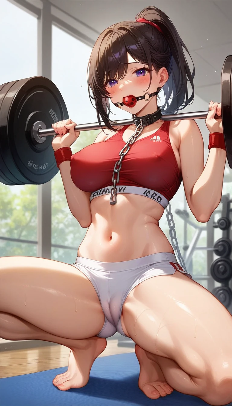 NSFW,BDSM,whole body,score_9, score_8_superior, score_7_superior, 1 Girl,Cute Japanese Woman、２５age、Dark Eyes、ponytail, Red sports bra、White shorts, (Camel Toe),(erect nipples),View your viewers,blush,gym,Chain Leash、,legs apart,(kneeling),Ball Gag,Weightlifting