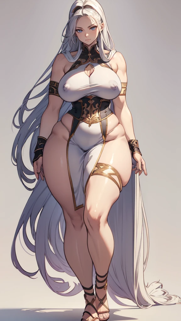 (masterpiece), best quality, female warrior, huge girl, female muscular:1.2, ((long hair:1.6)), (silver hair), big breast, (curvy:1.7), (((blank background))), ((full body)), fingerless gloves, sandals, sleeveless, covered nipples, detailed dress, ((straight hair:1.5)), (very thin hair:1.5), ((camel toe)), corset, bare legs 