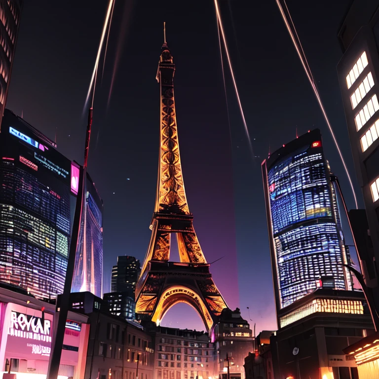 a close-up of a city with a large building and ((( the real Effeil tower in the background in the center))), inspired by Liam Wong, cyberpunk artstyle, lofi art, no estilo de Laurie Greasley, neo tokyo background, inspired por Kilian Eng, por Kilian Eng, art deco surpasses anime aesthetic, cyberpunk illustration, cyberpunk themed art, just a joke,  art by alena aenami